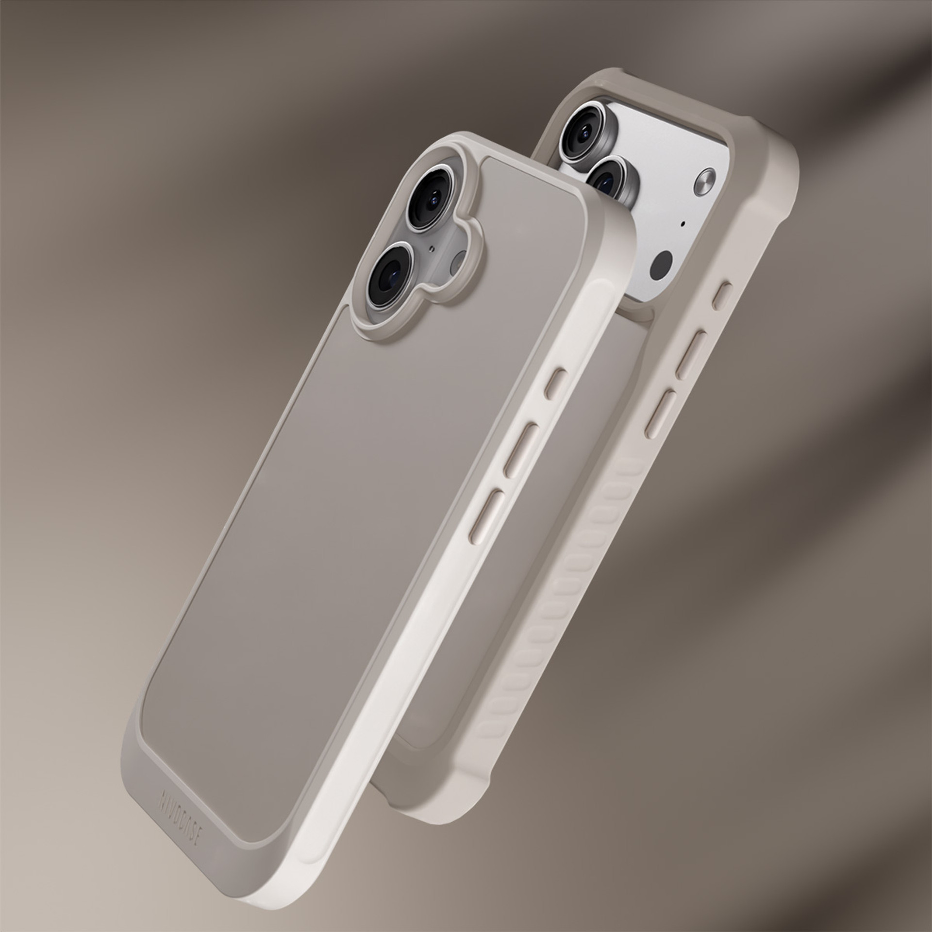 Beige NIVOCORE and NIVOMAX smartphone cases with semi‑transparent backs.