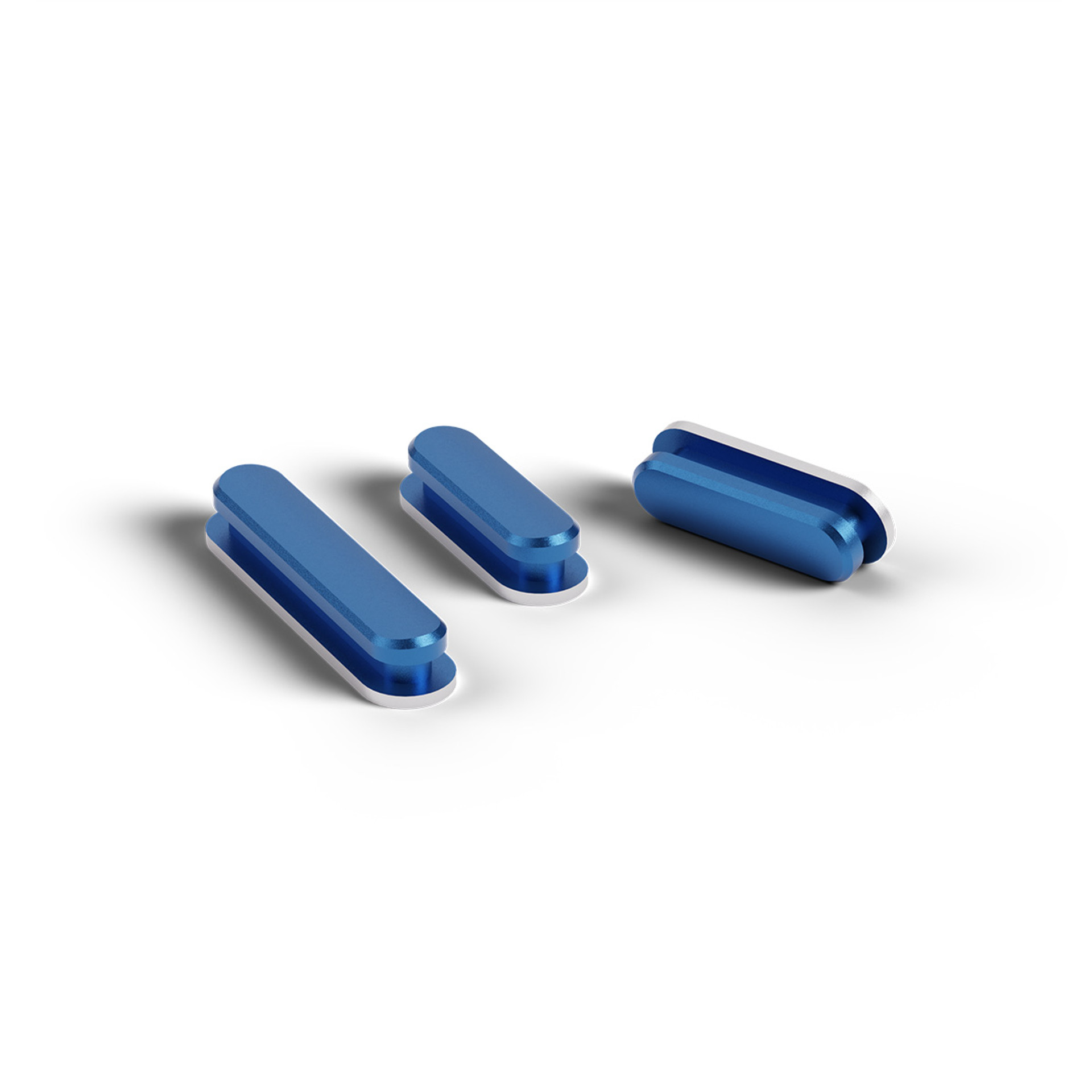 Blue, interchangeable smartphone side buttons in various sizes.