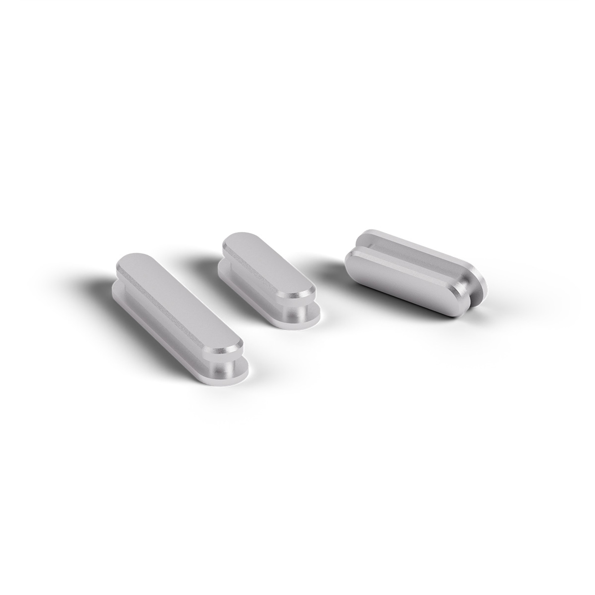 Silver, interchangeable smartphone side buttons in various sizes.