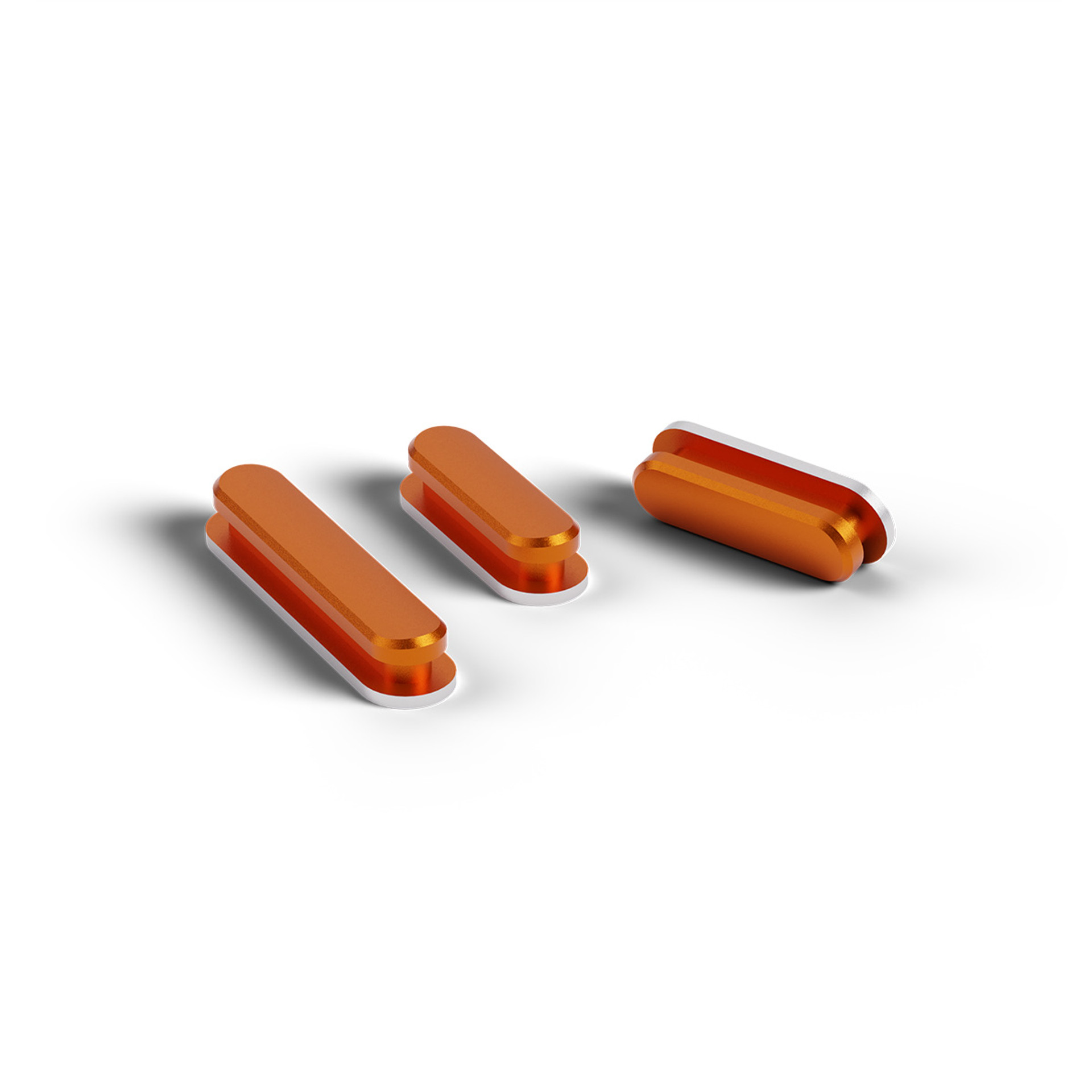 Boutons latéraux de smartphone orange et interchangeables, disponibles en différentes tailles.