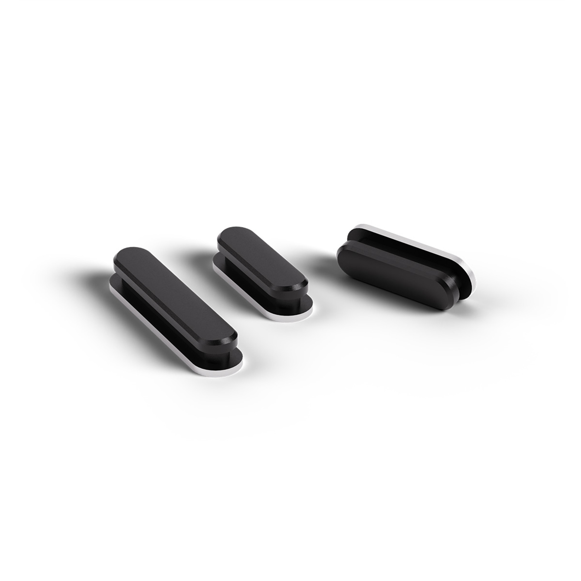 Black, interchangeable smartphone side buttons in various sizes.