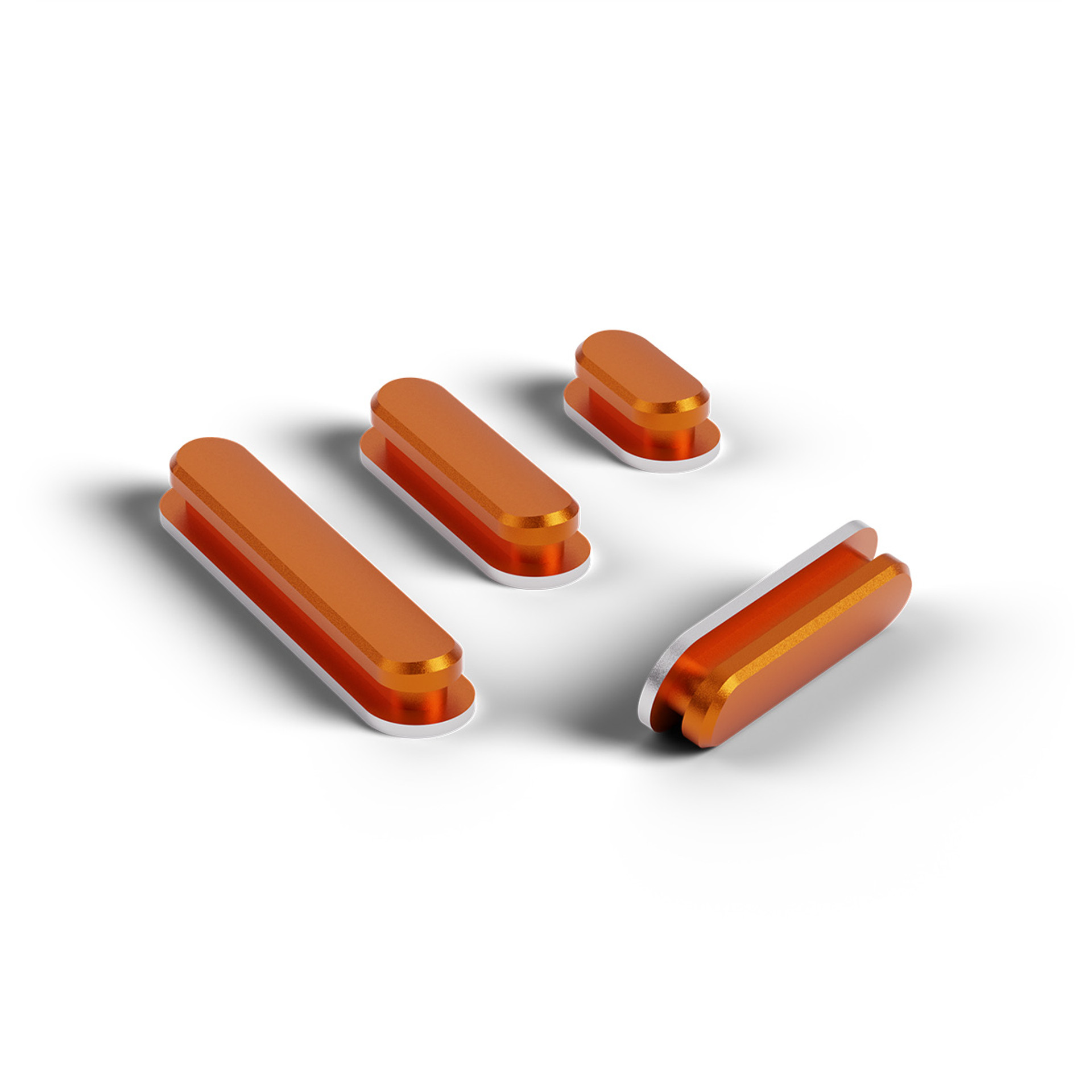 Orange, interchangeable smartphone side buttons in various sizes.