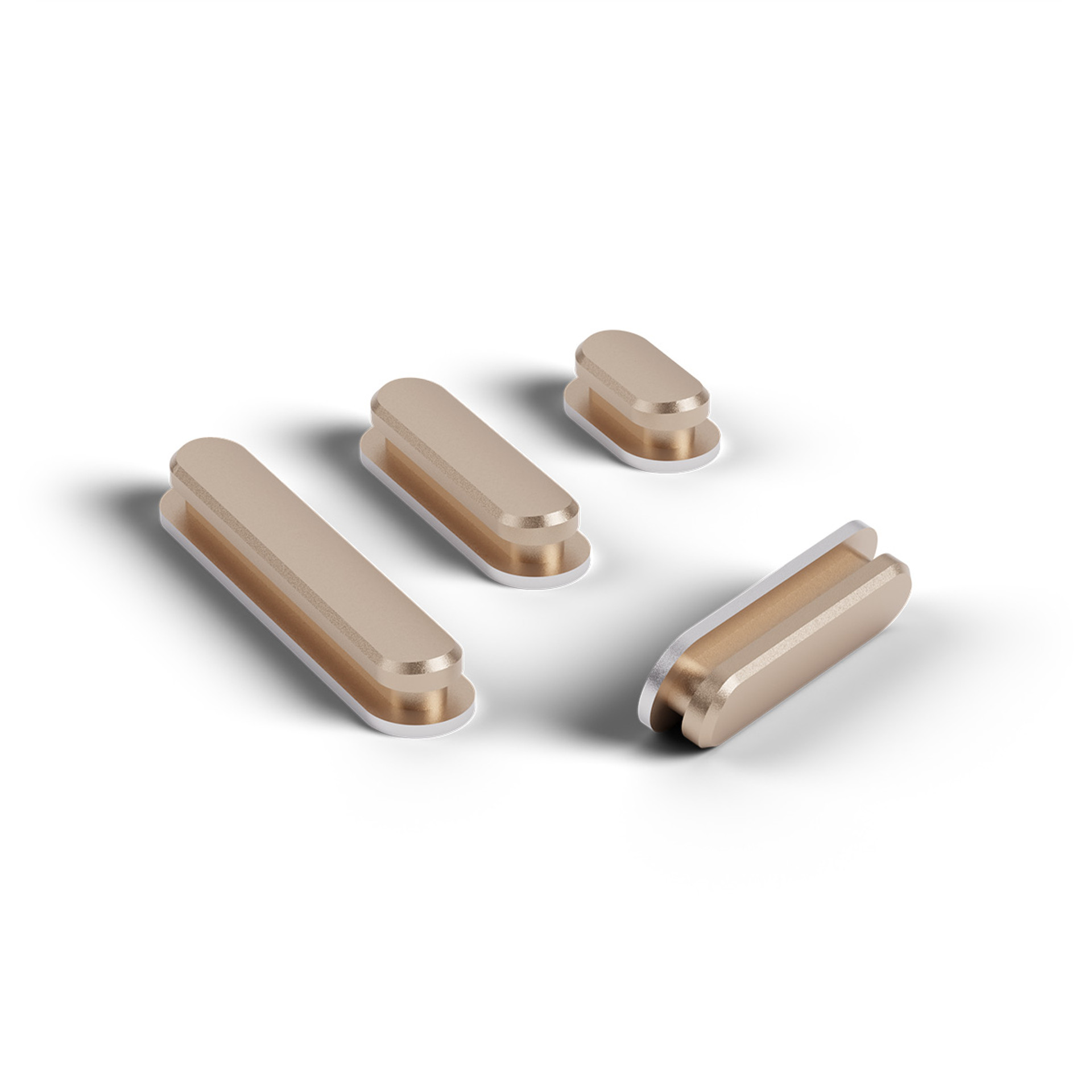 Sand-coloured, interchangeable smartphone side buttons in various sizes.