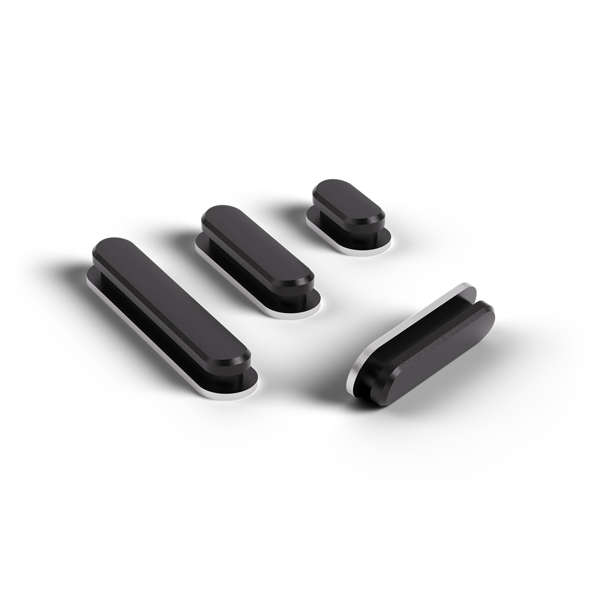 Boutons latéraux de smartphone noirs et interchangeables, disponibles en différentes tailles.