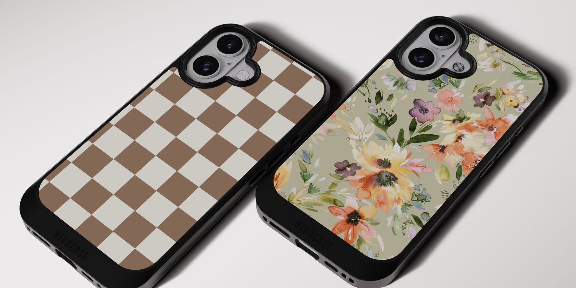 Zwei NIVOCASE Handyhüllen im herbstlichen Design mit Karomuster und Aquarellblumen
