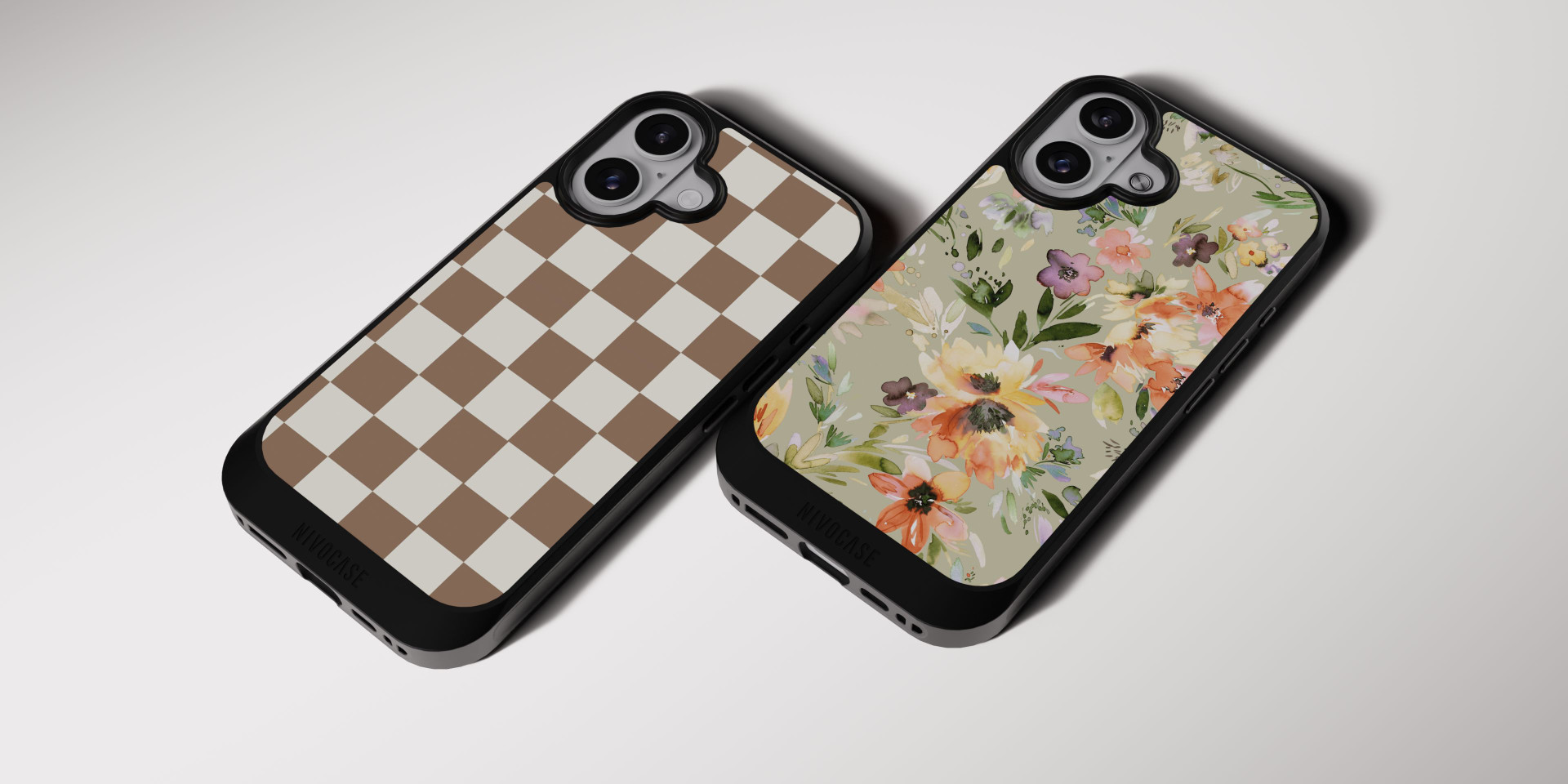Zwei NIVOCASE Handyhüllen im herbstlichen Design mit Karomuster und Aquarellblumen