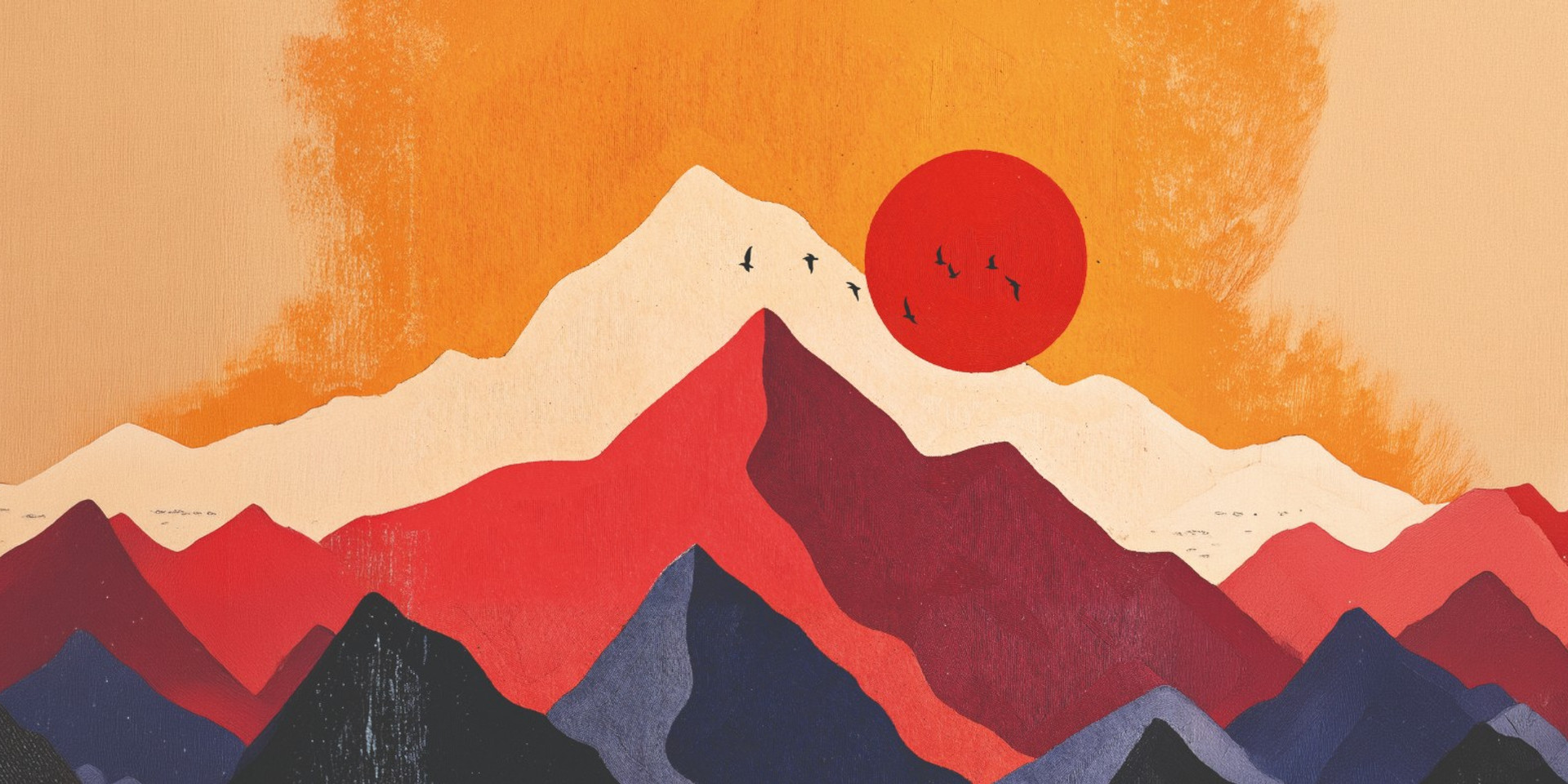Une image colorée représentant les Alpes de manière stylisée, dans des couleurs vives.
