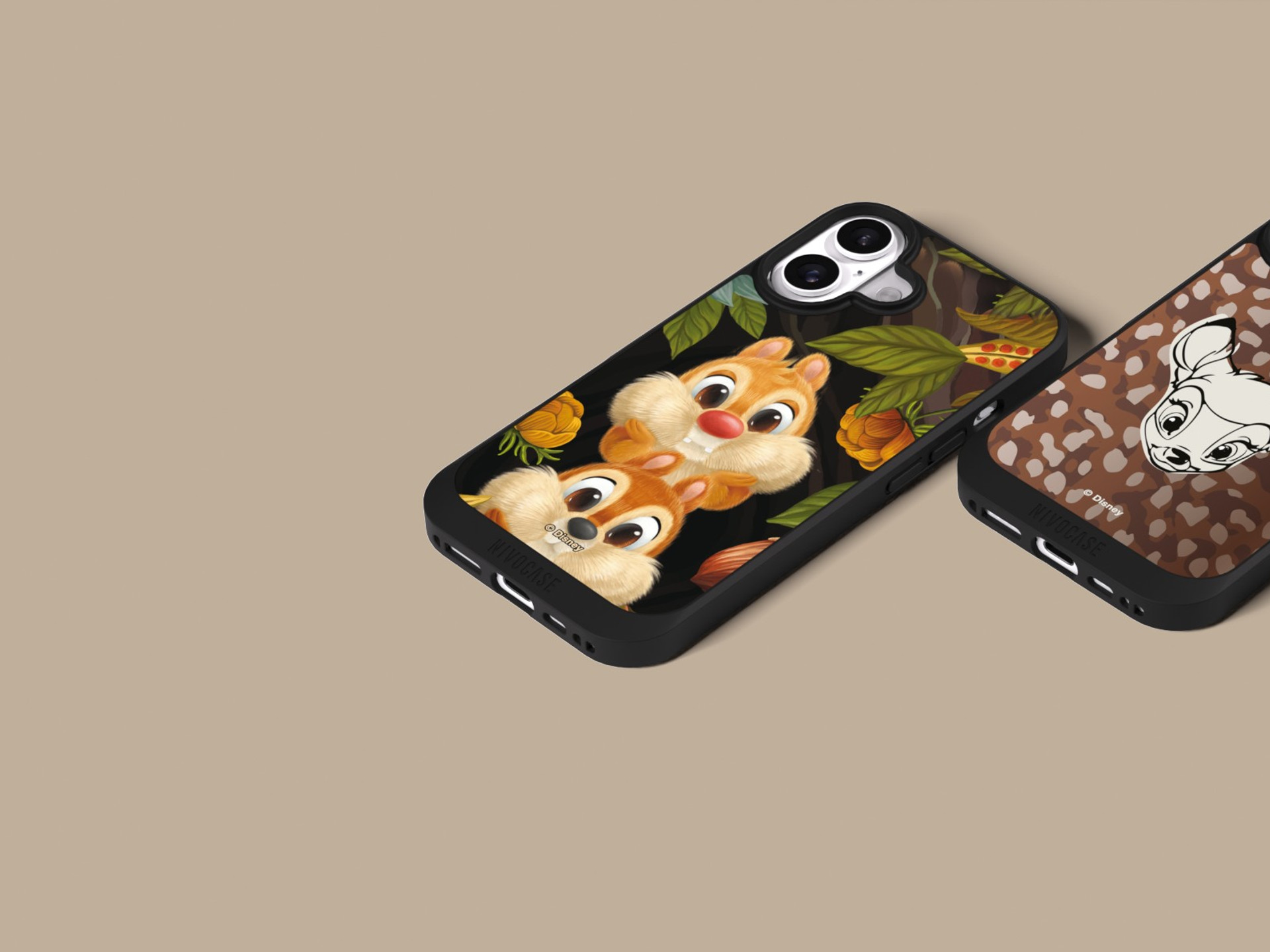 Two NIVOCASE mobile phone cases featuring autumnal designs depicting Chip and Dale and Bambi.