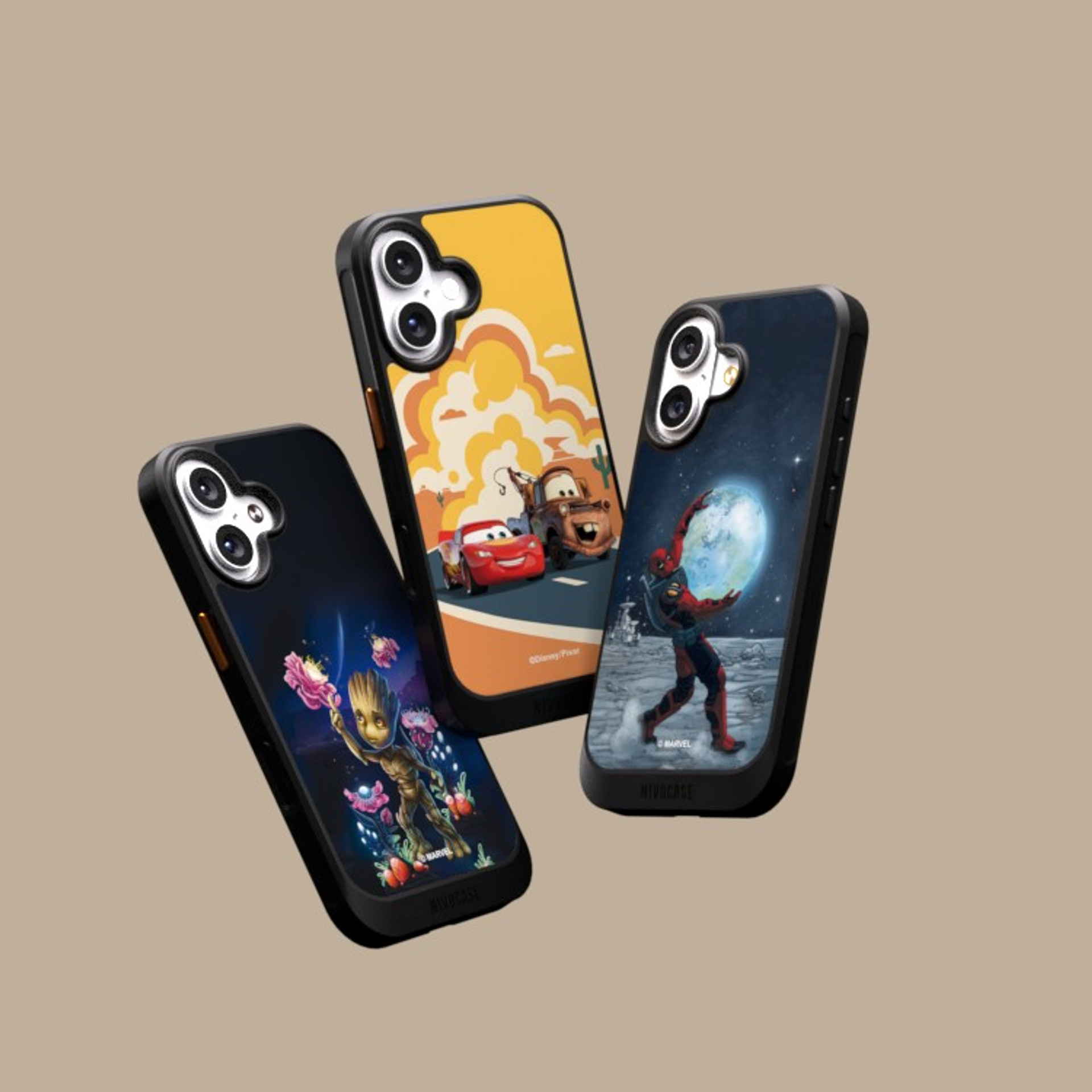 Drei NIVOCASE Handyhüllen mit Designs von Guardians of the Galaxy, Disney Pixar Cars und Deadpool