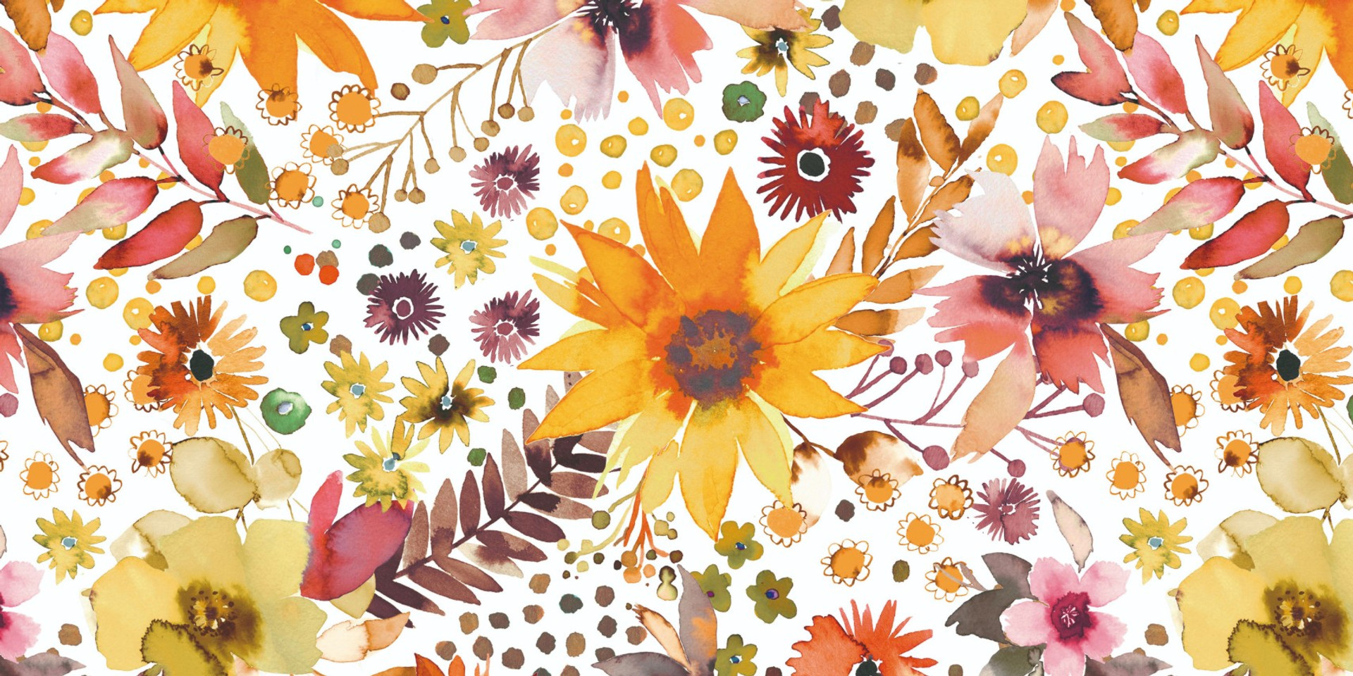 Aquarellmuster mit verschiedenen herbstlichen Blumen und Blättern in warmen Farben