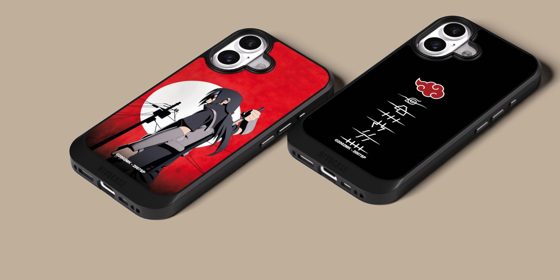 Two NIVOCASE phone cases featuring designs inspired by the world of Naruto Shippuden.