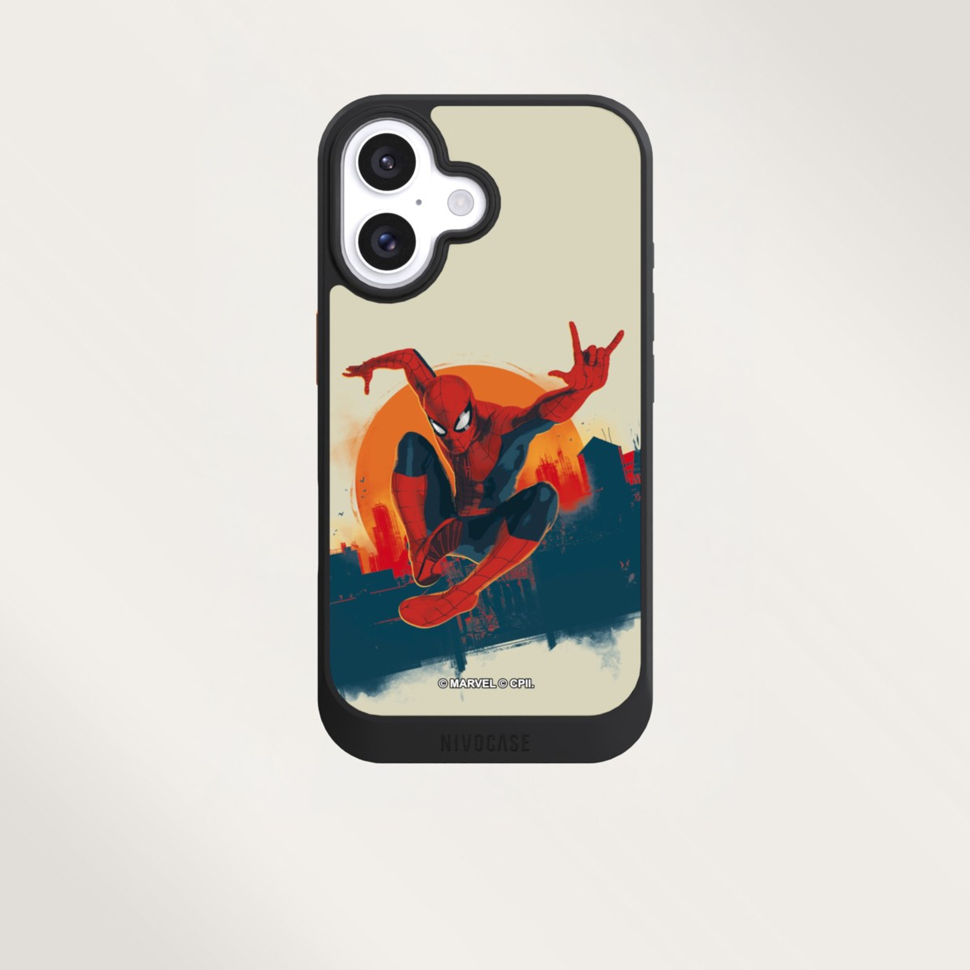 NIVOCASE smartphone case with Spider-Man flying design.