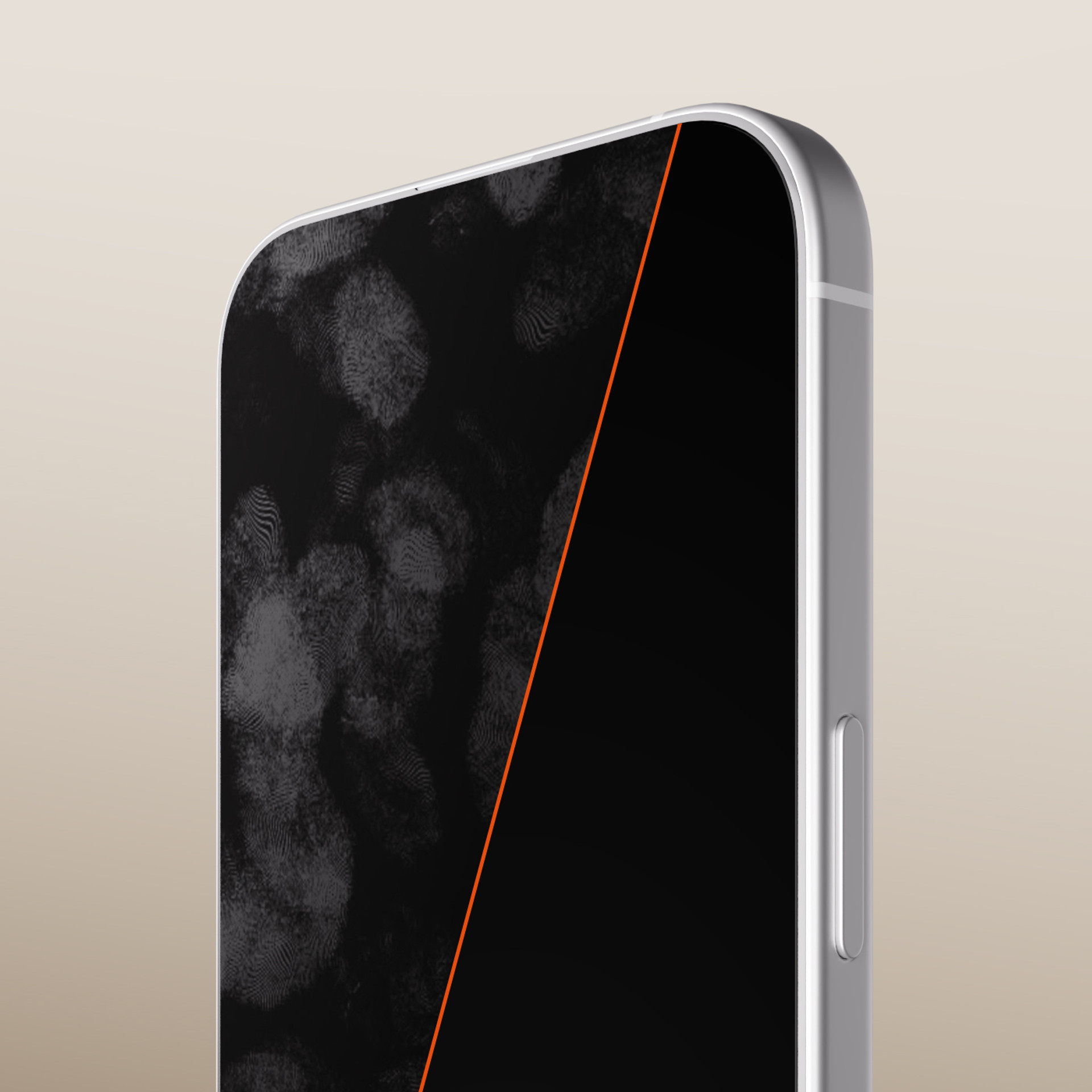 Nahaufnahme eines Smartphone-Displays, das durch eine orangefarbene Linie in eine verschmierte und eine saubere Hälfte geteilt wird.