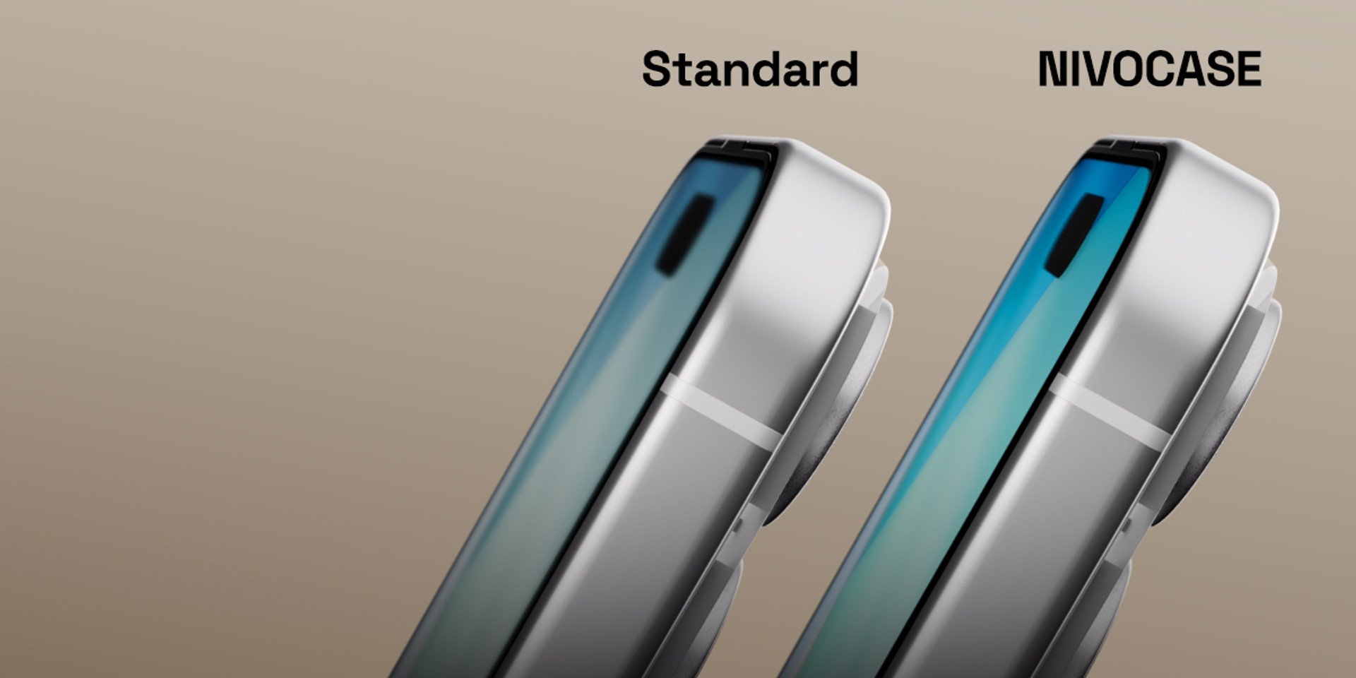 Zwei Smartphones nebeneinander zeigen den Unterschied zwischen einem Standard-Displayschutzglas und einem NIVOCASE Displayschutz: links ein mattes, weniger klares Bild, rechts brillante Farben und scharfe Darstellung dank NIVOCASE