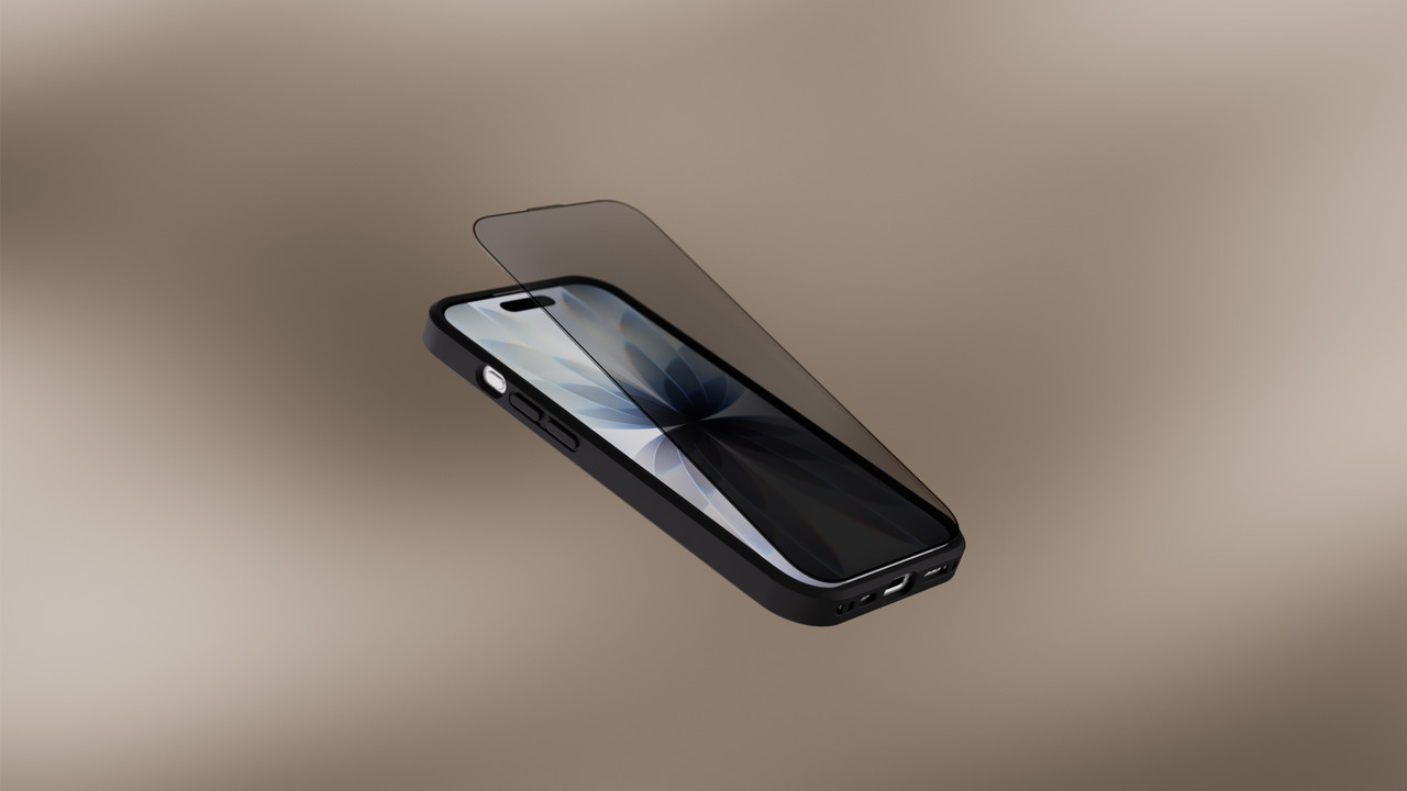 Smartphone with a dark privacy glass hovering above its screen.