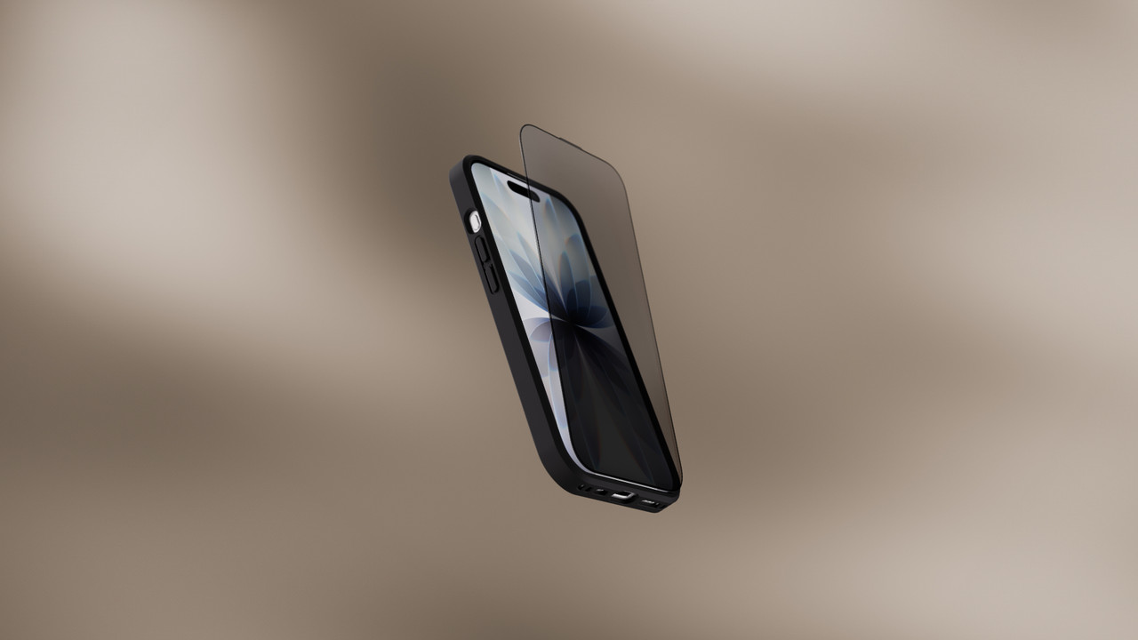 Smartphone with a dark privacy glass hovering above its screen.