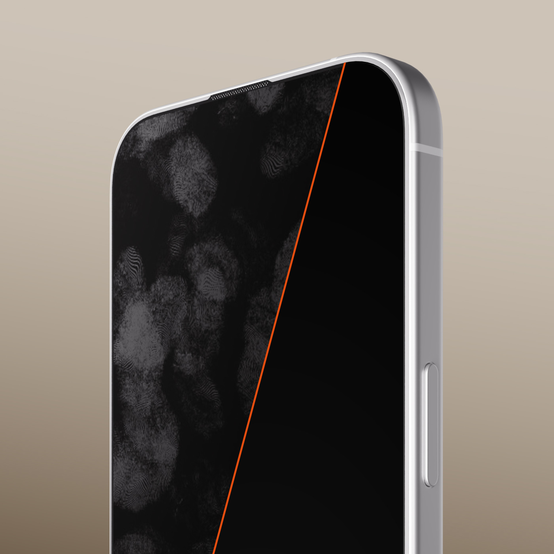 Nahaufnahme eines Smartphone-Displays, das durch eine orangefarbene Linie in eine verschmierte und eine saubere Hälfte geteilt wird.