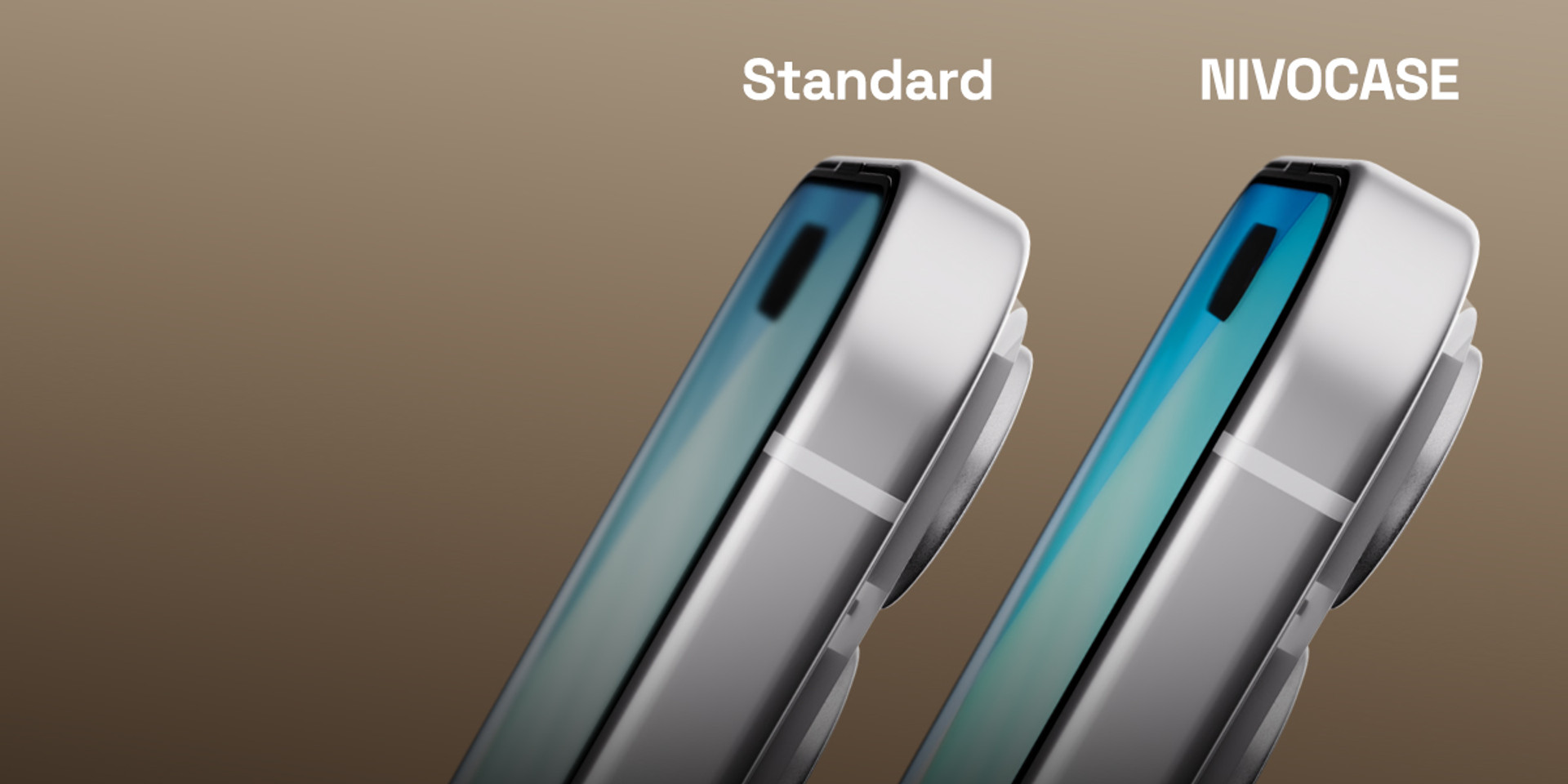 Direct comparison of two smartphone screens on a beige background, the left labeled “Standard” and the right labeled “NIVOCASE”.