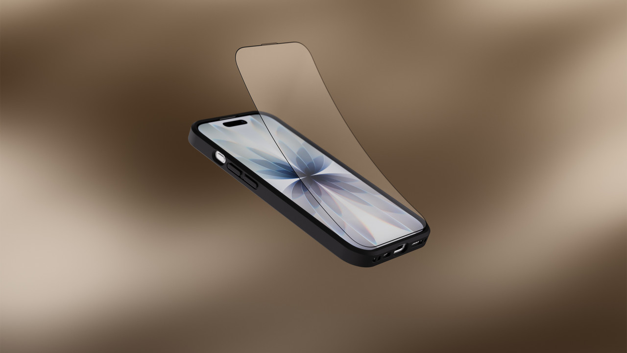 Screen protector partially removed on a smartphone in a black case.
