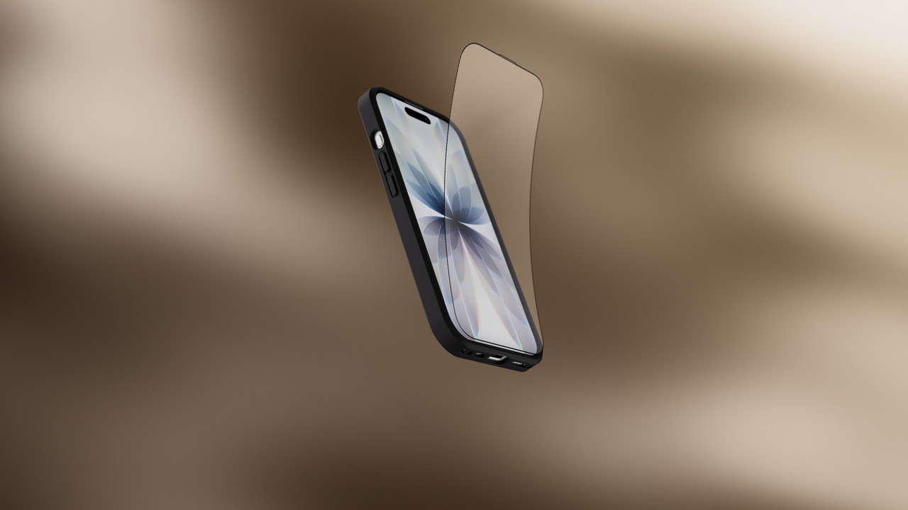 Screen protector partially removed on a smartphone in a black case.