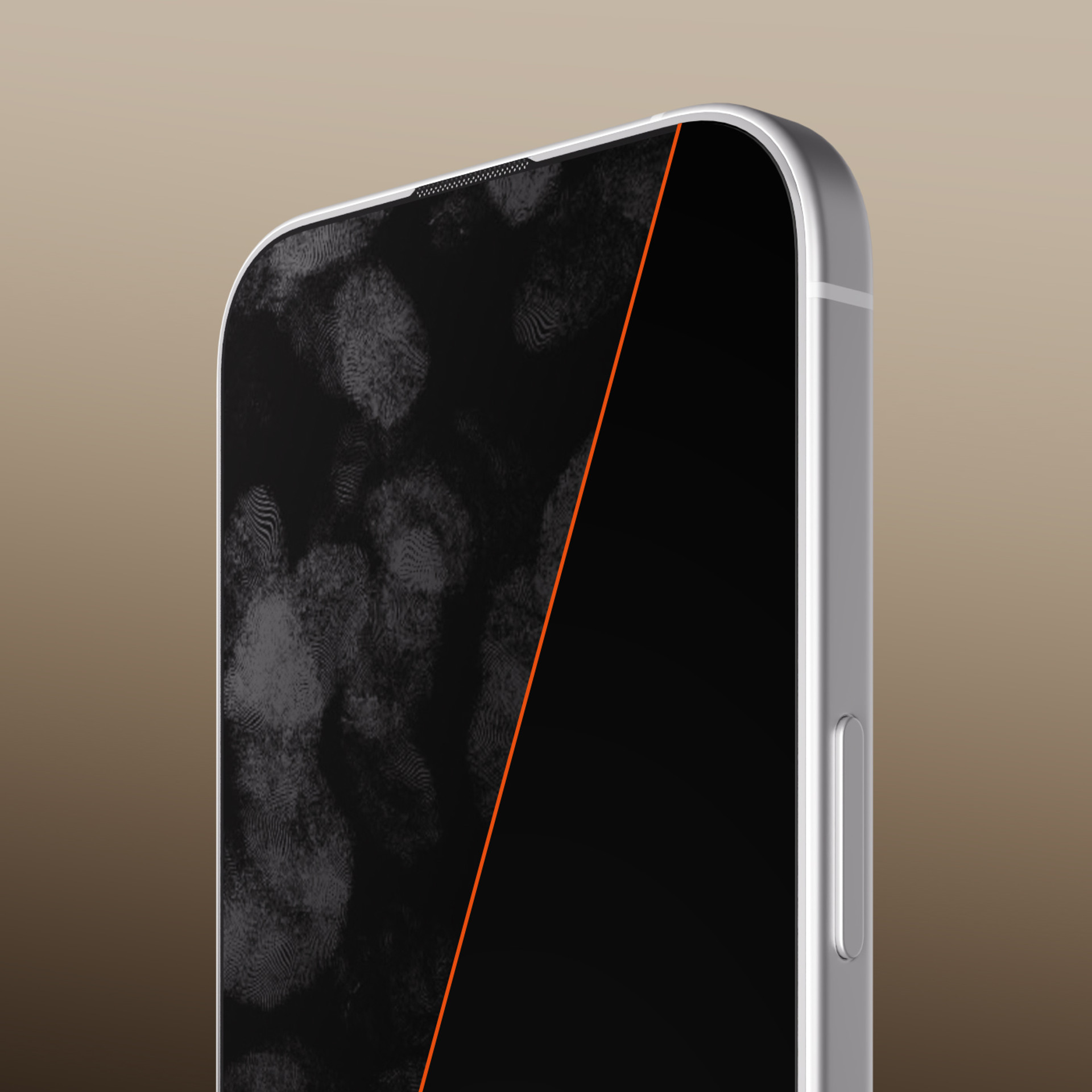 Close-up of a smartphone screen, divided into a smudged half and a clean half by an orange line.
