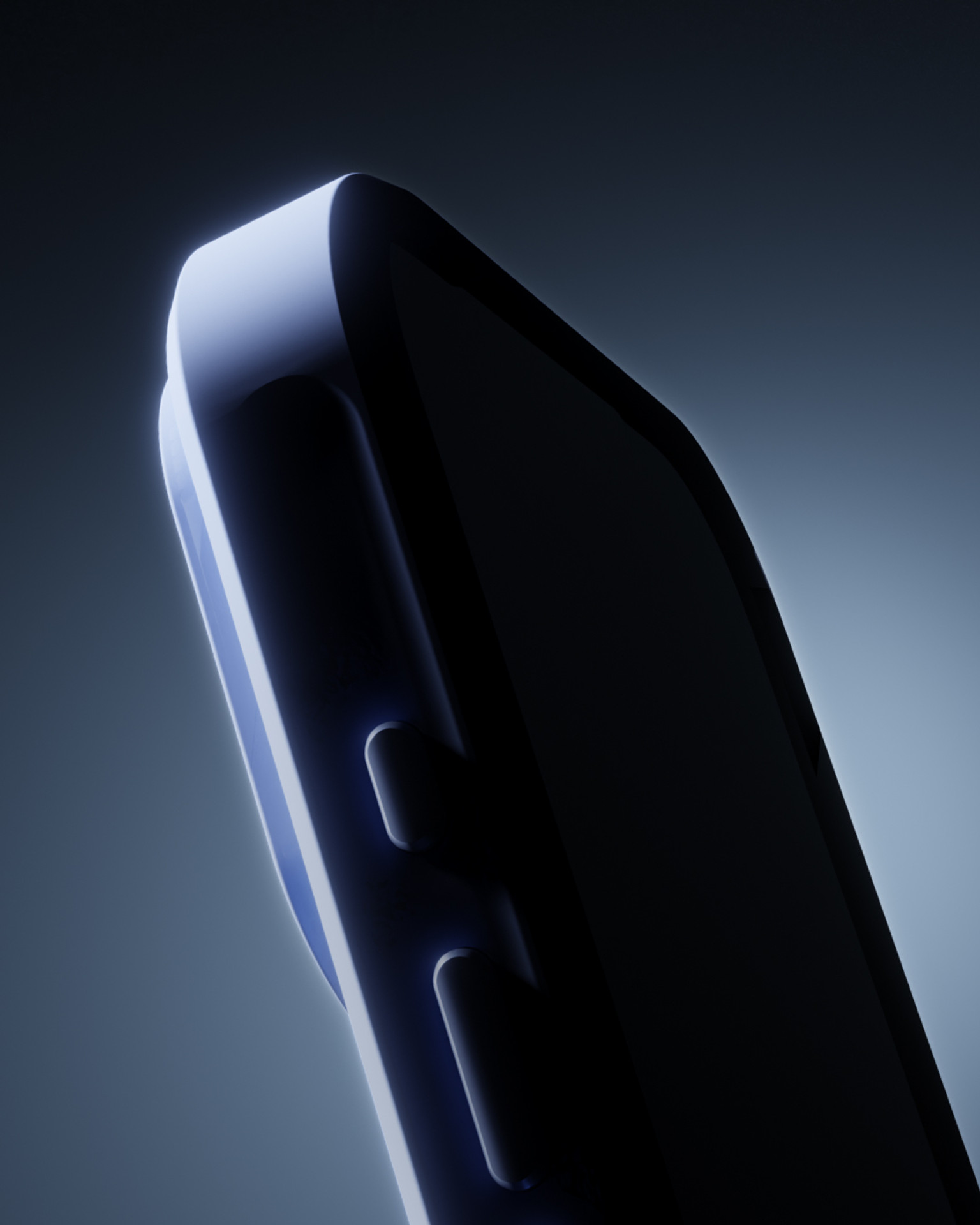 Seitliche Detailansicht der NIVOCASE Handyhülle für iPhone mit Tasten vor dunklem Farbverlauf