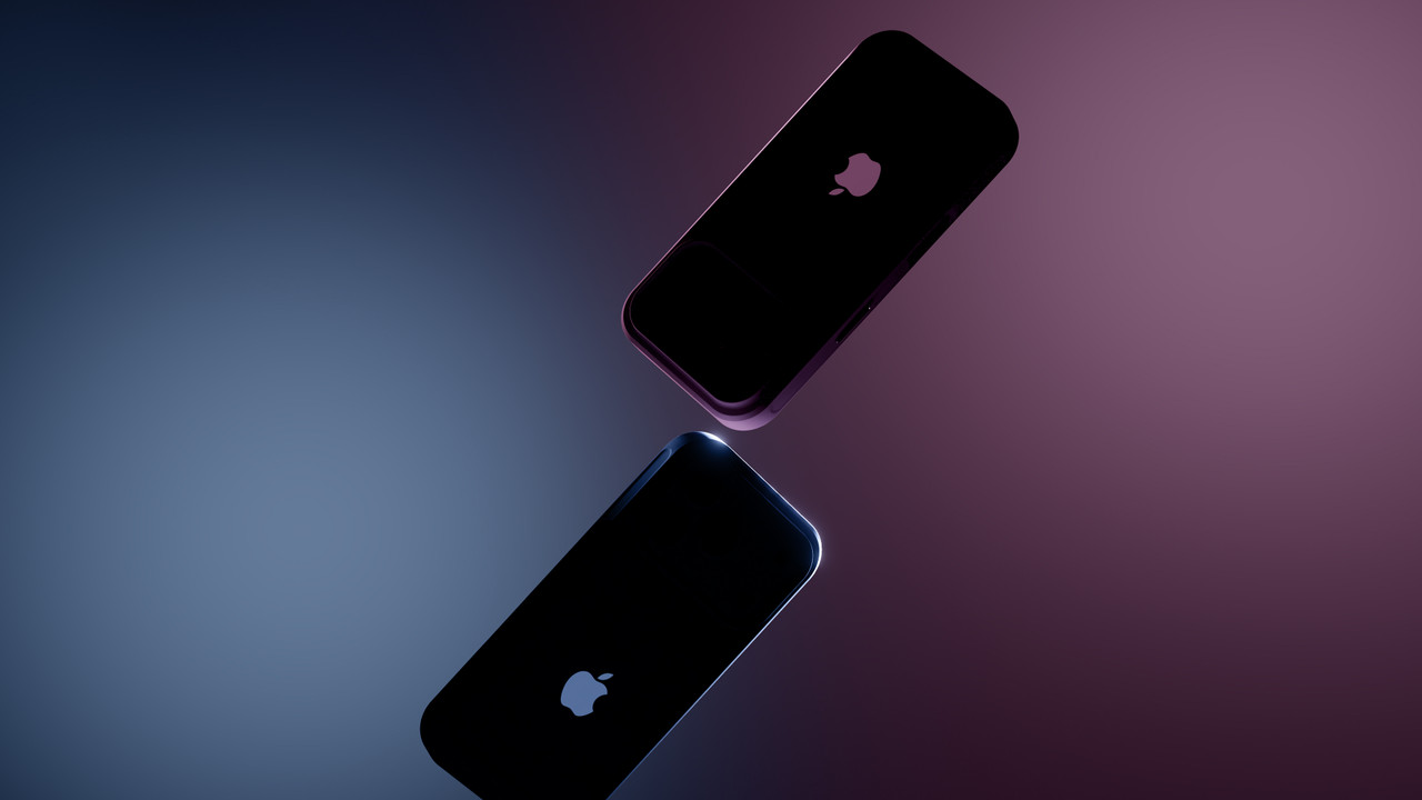 Zwei Apple iPhones vor Farbverlauf in Polar und Burgunder mit leuchtenden Kanten