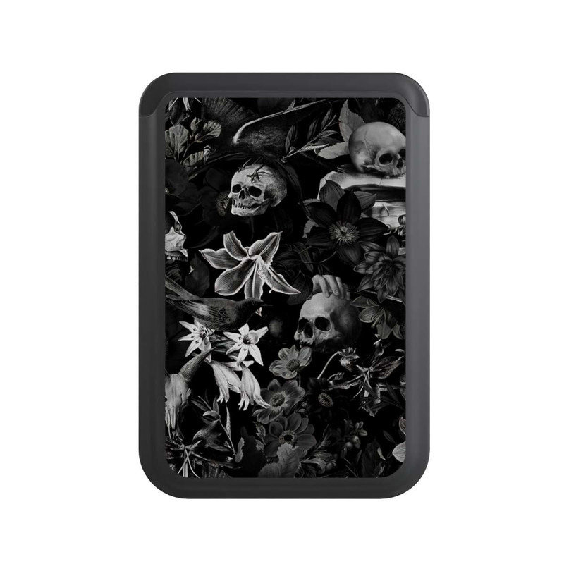  Cardholder Totenköpfe und Blumen auf schwarzem Hintergrund