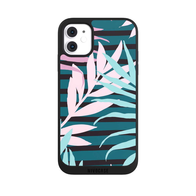 iPhone 11 NIVOpure Feuilles de jungle pastel rose sarcelle