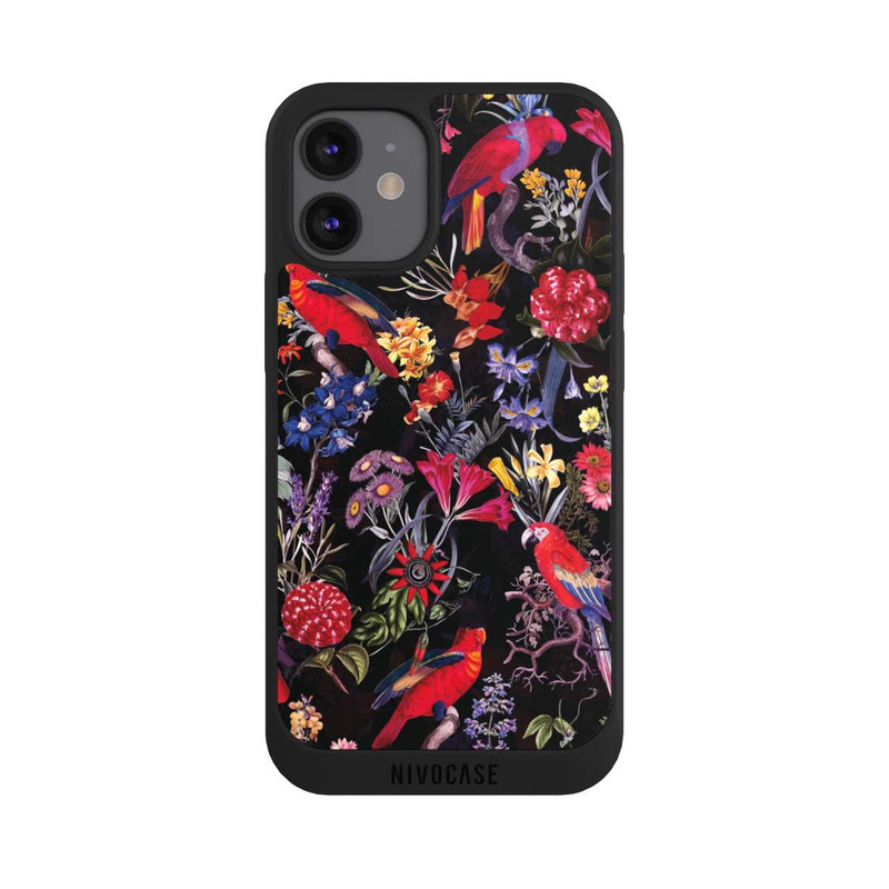iPhone 12 mini NIVOpure Dunkle Blumen und Papageien