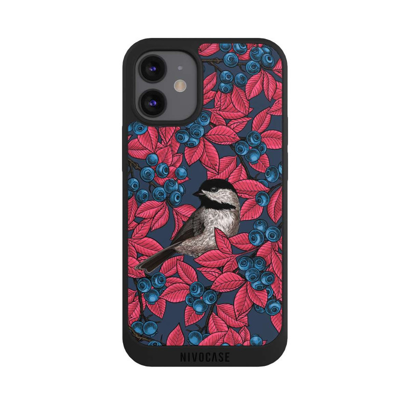 iPhone 12 mini NIVOpure Blaubeeren und Vögel auf Navy