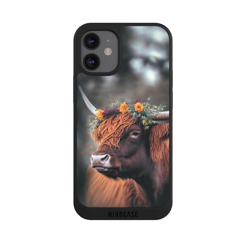 iPhone 12 mini NIVOpure Vache des Highlands avec des fleurs avec IA