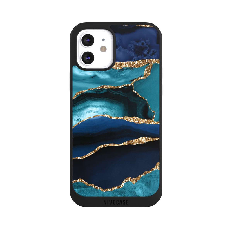 iPhone 12 NIVOpure Dark and Light Blue Marble Gold Glitter Look