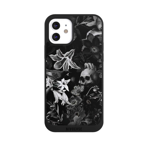 Apple iPhone 12 NIVOpure Totenköpfe und Blumen auf schwarzem Hintergrund