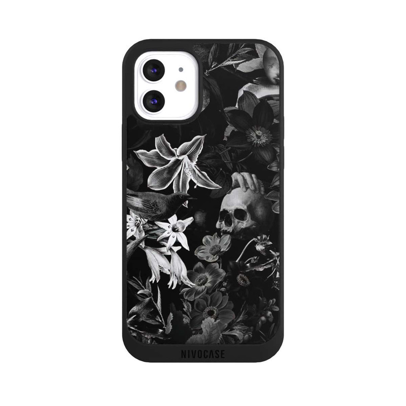 iPhone 12 NIVOpure Totenköpfe und Blumen auf schwarzem Hintergrund