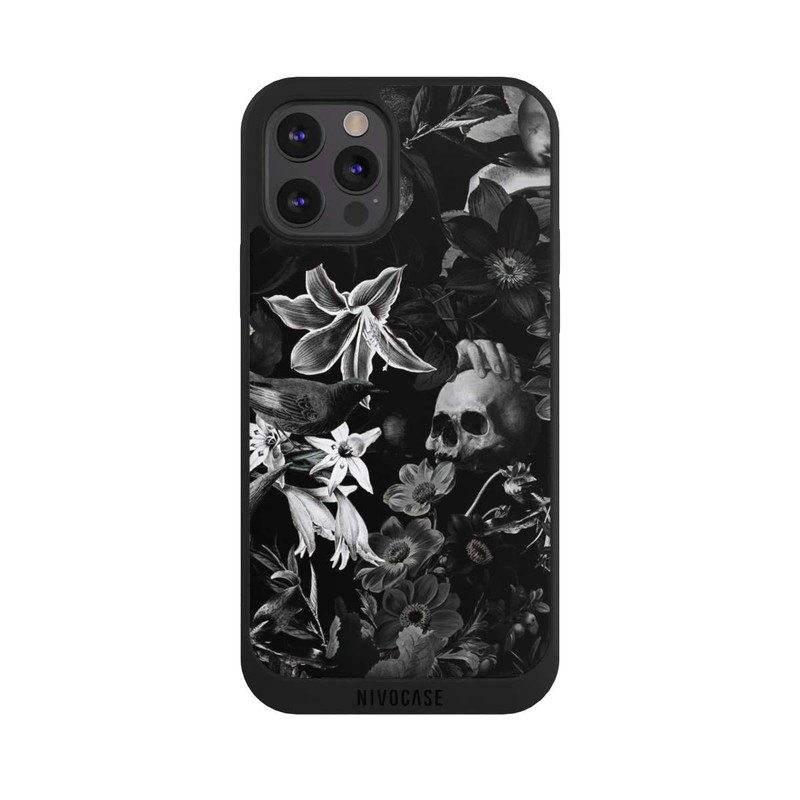 iPhone 12 Pro NIVOpure Totenköpfe und Blumen auf schwarzem Hintergrund