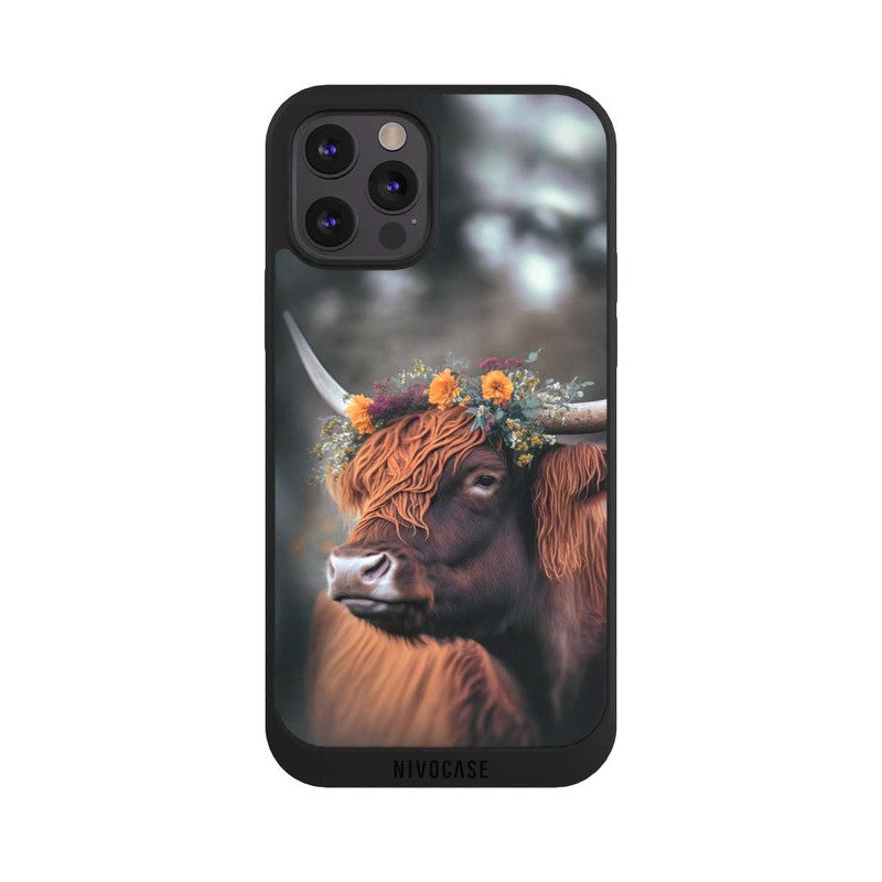 iPhone 12 Pro NIVOpure Vache des Highlands avec des fleurs avec IA