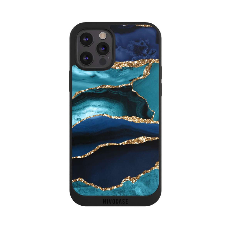 iPhone 12 Pro Max NIVOpure Aspect pailleté doré marbré bleu foncé et bleu clair