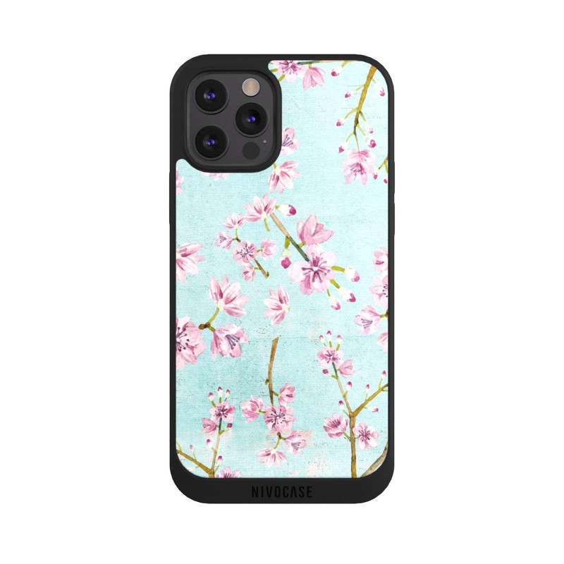 iPhone 12 Pro Max NIVOpure Motif de brindilles de fleurs de cerisier bleu clair