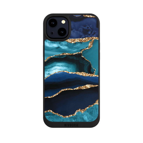 Apple iPhone 14 Plus NIVOpure Dark and Light Blue Marble Gold Glitter Look
