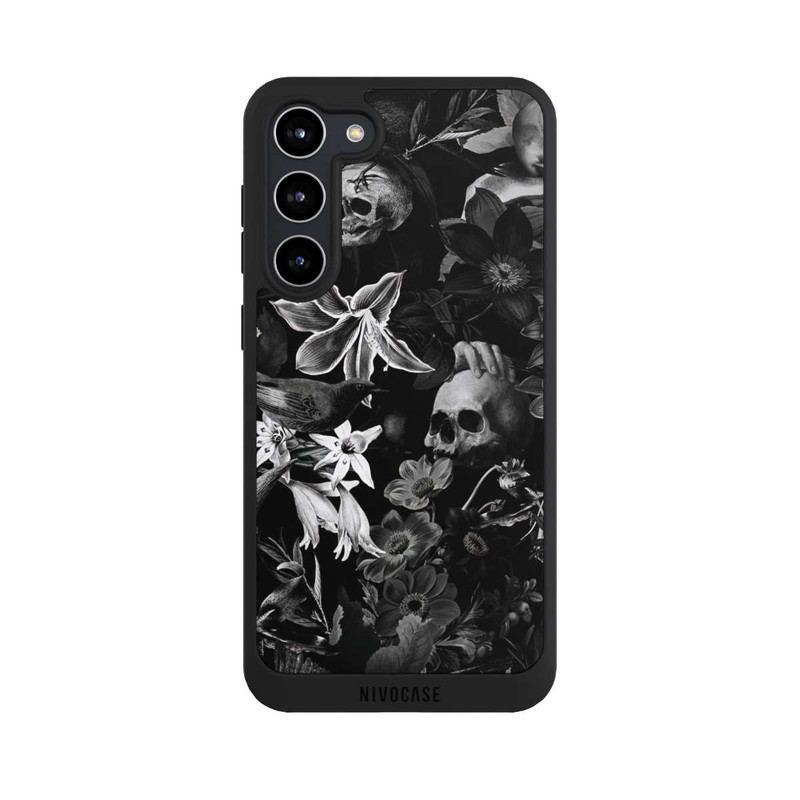 Galaxy S23 + NIVOpure Totenköpfe und Blumen auf schwarzem Hintergrund