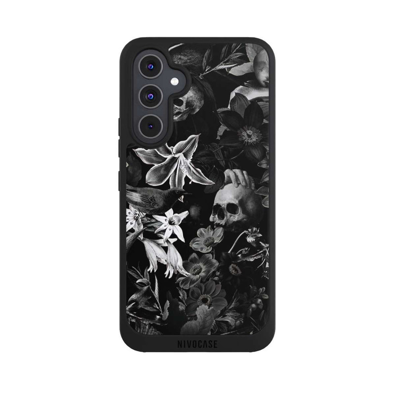 Galaxy A54 5G NIVOpure Totenköpfe und Blumen auf schwarzem Hintergrund