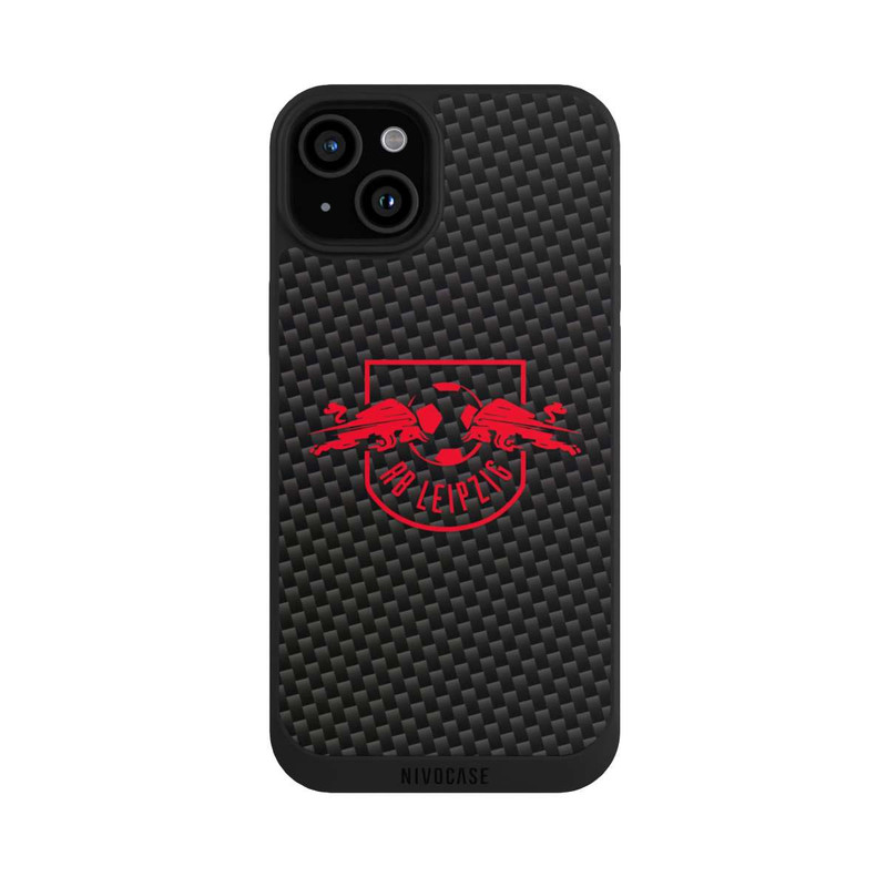 iPhone 15 Plus NIVOpure Rotes RB Leipzig Logo auf Carbonoptik