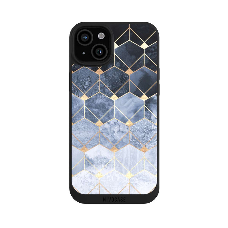 iPhone 15 Plus NIVOpure Impression Or Hexagones Bleus Et Diamants