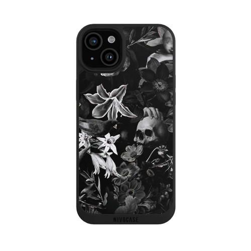 Apple iPhone 15 Plus NIVOpure Totenköpfe und Blumen auf schwarzem Hintergrund