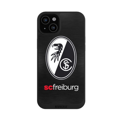 Apple iPhone 15 Plus NIVOpure  Kratzen Metall Hintergrund mit dem Schriftzug  Horizontal SC Freiburg