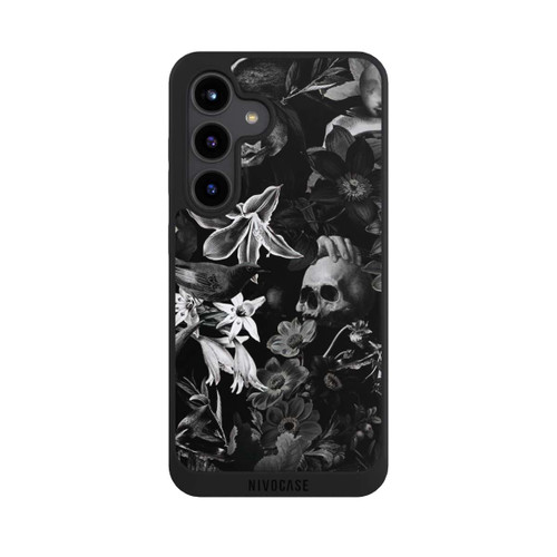 Samsung Galaxy S24 NIVOpure Totenköpfe und Blumen auf schwarzem Hintergrund