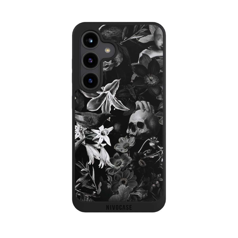 Galaxy S24 NIVOpure Totenköpfe und Blumen auf schwarzem Hintergrund
