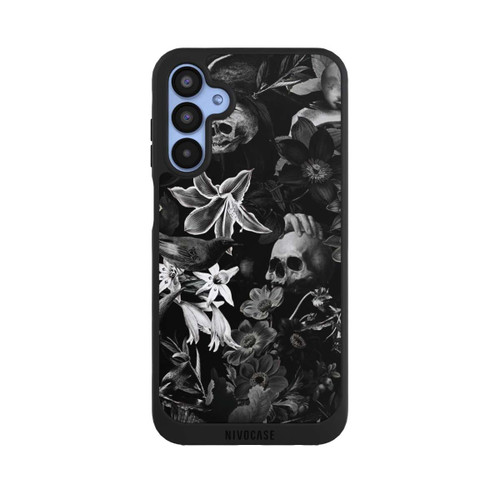 Samsung Galaxy A15 5G NIVOpure Totenköpfe und Blumen auf schwarzem Hintergrund