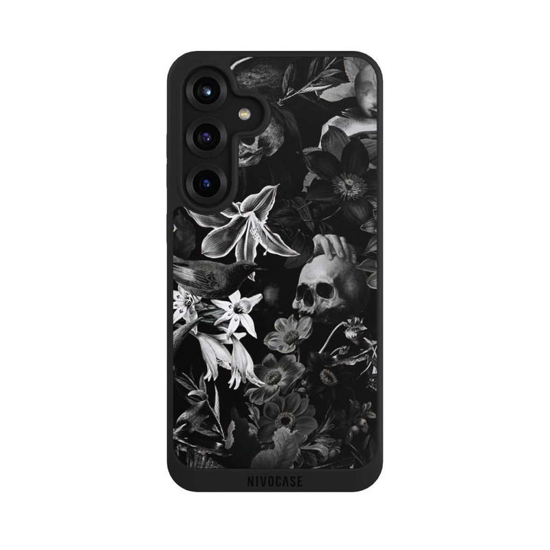 Galaxy S25 + NIVOpure Totenköpfe und Blumen auf schwarzem Hintergrund